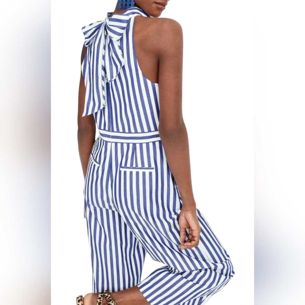 J. Crew Blue Stripe 100% Cotton Wide Leg Crop Jumpsuit Size 4 Halter Tie Back